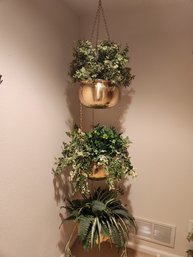3 Brass Pots In Hanging Decor With Faux Plants, Greenery