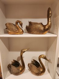 Four Stunning Brass Swans, Birds, India, Korea, Vintage Decor