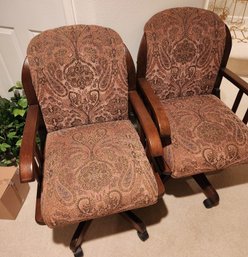 3 Rolling Kitchen Dining Captain Chairs, Paisley Print, Wood Frame