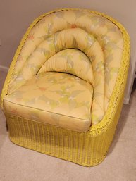 (1 Of 2) Vintage Yellow Wicker Barrel Style Chair, Upholstered, Rattan, Retro