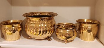 Lot Of 4 Brass Cover Pots, Vessels, One Three-footed