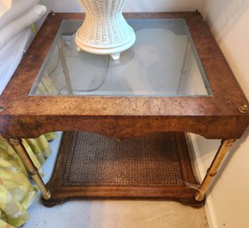 Vintage Woven Rattan And Glass Wood End Accent Table, 26' X 26' X 21'