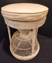 White Wicker Vanity Stool, Seating, With Cushion, Vintage Rattan, 18' Tall