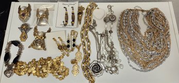 Costume Jewelry Lot #12 - Gold, Silver Theme Necklaces, Earrings, Pins, Variety