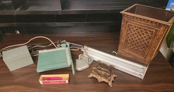 Vintage Office Accessories, Supplies, Paper Cutter, Brass Letter Holder, Waste Bin, Hanover Ink Pens