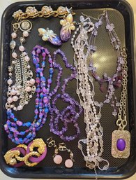 Costume Jewelry Lot #16 - Purple, Blue, Necklace, Earrings, Bracelet, Clip-on