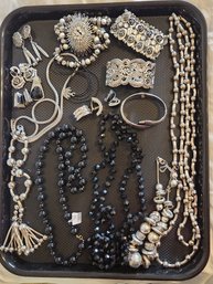 Costume Jewelry Lot #17 - Silver Black Theme, Earrings, Necklace, Bracelet, Cuff, Bangle