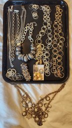 Costume Jewelry Lot #21 - 15 Pc, Silver/gold Theme, Necklace, Bracelet, Clip-on Earrings