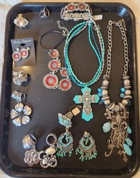 Costume Jewelry Lot #22- 13 Pcs, Southwestern Theme, Necklace, Clip-on Earrings, Bracelet