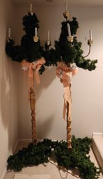 Set Of 4 Christmas Pillar Decorations, Custom-made, Lighted, Greenery, Candelabra