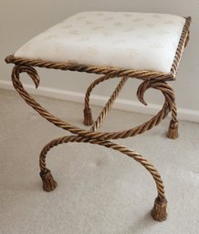 Gilt Rope Tassle Curule Stool Seat, Made In Italy, Vanity Or Ottoman, 20' Tall, MCM