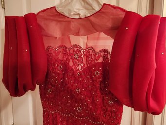 1950's/60's Couture Red Evening Gown, Billow/tufted Puff Sleeves, Rhinestones, Women's Clothing