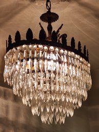(2 Of 2) Breathtaking Vintage Art Deco Crystal & Brass Chandelier, Ceiling Mount, Five Tiers - Tested