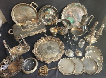 Vintage Silver Plate Lot, Mixture Of Serving Pieces, Platters, Carafe, Chafing, Vessels