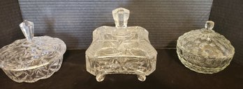 Lidded, Footed Square German Crystal Candy Dish, Total Of 3 Dishes - EAPG