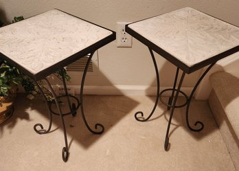 Pair Of Plant Stands, Small Side Accent Table, Plaster Top, 19' Tall,