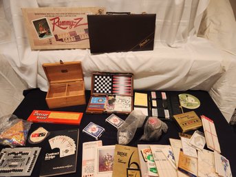 Games Lot- Bridge Tally, Cards, Rummy-Z NEW Set With Case, Cribbage, Vintage, Wood Card Box