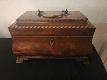 Antique Inlaid Wood Wooden Jewelry Box, With Key, 2 Chambers