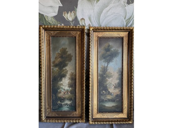 Pair Of Coordinating Oil Paintings In Gilt Wood Frames.