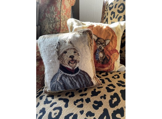 Pair Of Vintage Needlepoint Dog Pillows