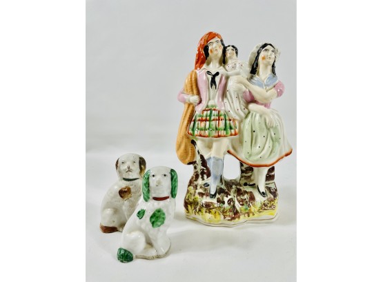 Antique Staffordshire  Family Together With 2 Mini Staffordshire Dogs