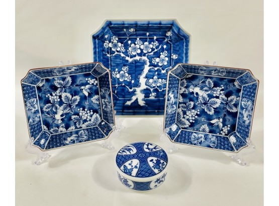 Blue And White Porcelain Lot Including 3 Square Decorative Plates And Round Trinket Box
