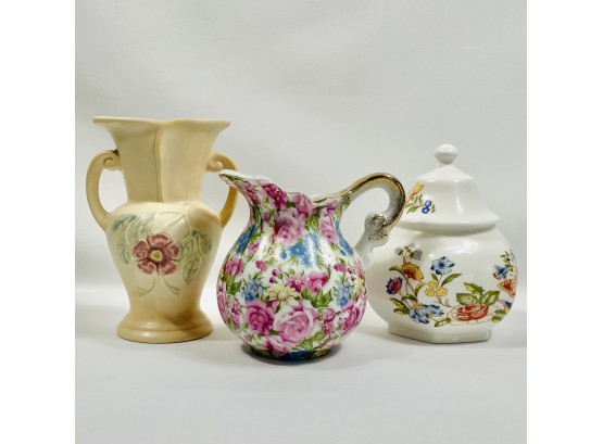 Trio Of Floral Porcelain And Pottery