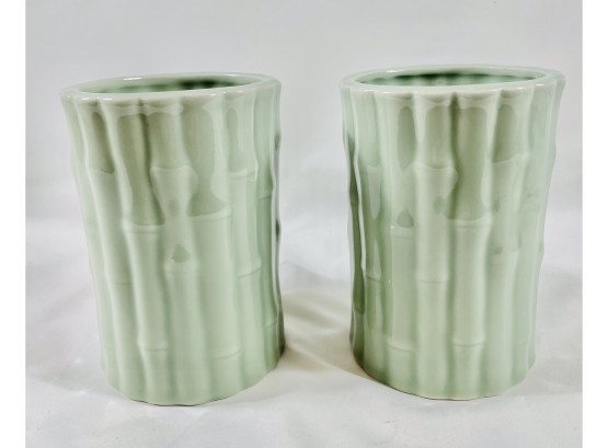 Pair Of Bamboo Shaped Porcelain Celadon Colored Vases