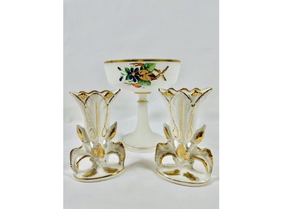Pair Of Vintage Royal Fenton Bud Vases With An Antique Opaline Glass Compote