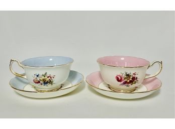 Pink And Blue Hammersley Teacups & Saucers