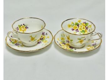 2 Yellow And Violet Royal Albert Teacups & Saucers