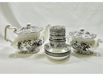 Antique Transferware Teapot With Sugar Bowl, Cups & Fruit Bowls