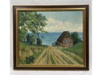 Vintage Oil Painting Of A Cottage By The Water