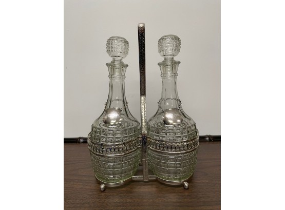 Vintage Pair Of English Decanters With Silver Plated Caddy And Tags