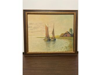 Antique Oil On Board Of Boats