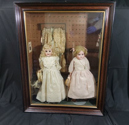 Antique German Porcelain Bisque Dolls In Shadowbox