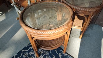 Set Of Rattan And Glass Outdoor Side Tables