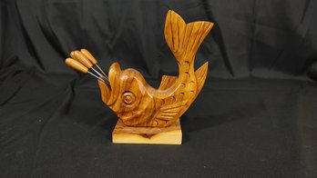 Carved Wooden Fish Fondue Fork Set