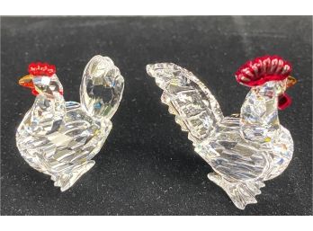 2 Swarovski Crystal Small Figurines Cockerel And Hen