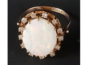 9 Kt Gold Ring With Diamonds And Opal Stone