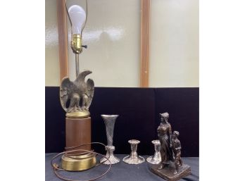 A Mid Century Brass Eagle Lamp And A Small Bronze Sculpture