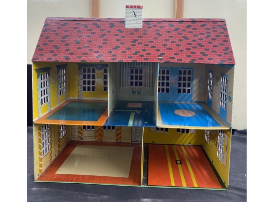 Vintage Marx Litho Tin Doll House With Assorted Plastic Furniture