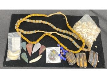 Native American Trading Beads, Coyote Teeth, And Petrified Wood