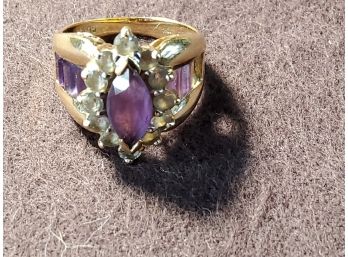 10 Karat Gold Ring W/Diamonds & Purple Stones