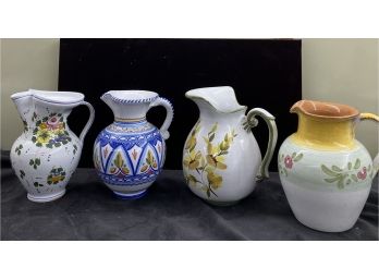4 Colorful Hand Painted Italian Pottery Pitchers