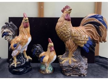Three Ceramic Roosters