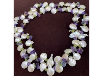 Cultured Coin Shaped Pearls With Amethyst And Peridot Necklace