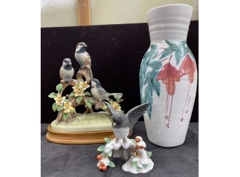 2 Bird Figurines And A Pottery Vase