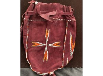 Suede Beaded Native American Draw String Bag