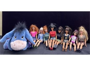 8 Barbies And Ask Me More Eeyore Plush Toy